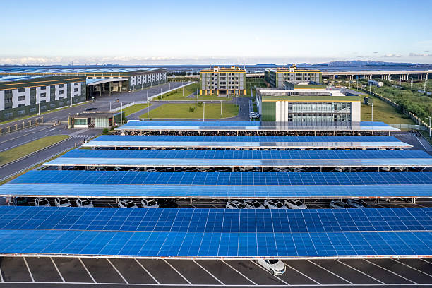 Parking lot for factory installed photovoltaic solar panels Parking lot for factory installed photovoltaic solar panels